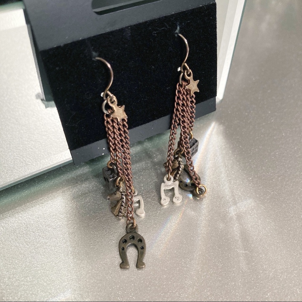 Betsey Johnson Bronze Charm Earrings Chain Horseshoe Star BohoCountry Western